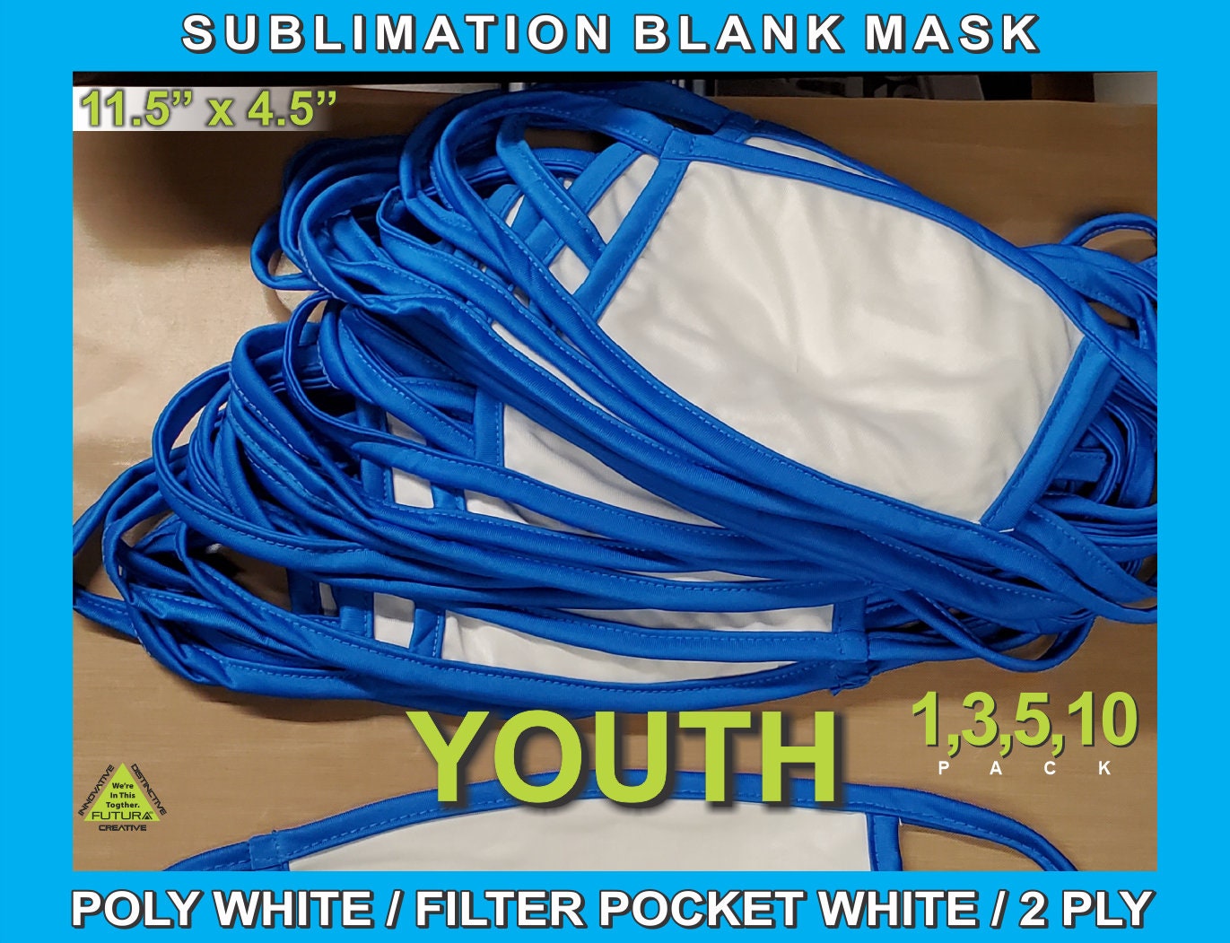 Royal Blue Trim Jugend Weiß Sublimationsrohlinge Maske - 11, 5 ″ X 4, 5 Erhältlich 1, 3, 5, 10 Verpackung. Farbe Ziermaske von FUTURASUBLIMATION