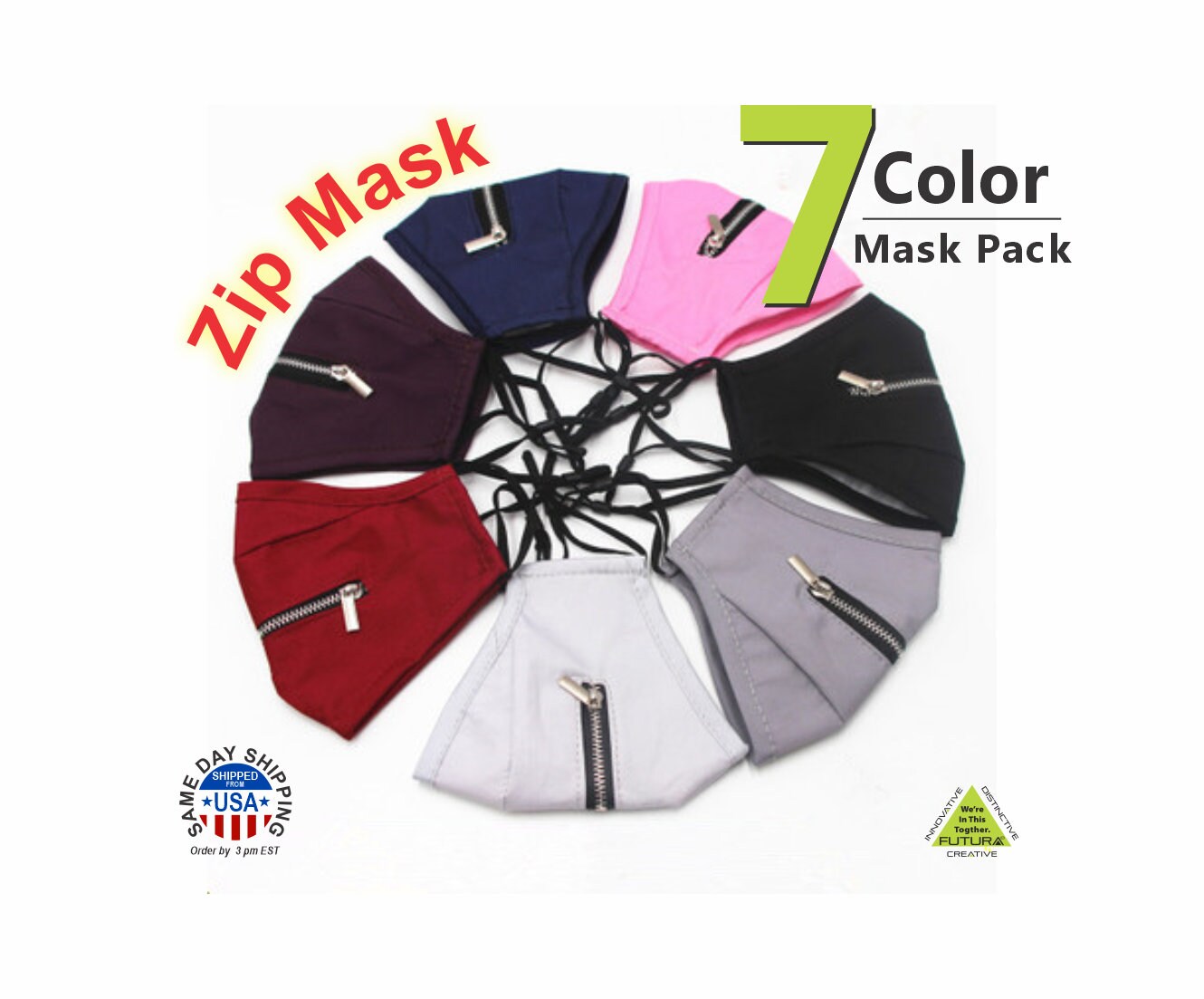 Zip Cotton Mask 7 Color Pack Waschbare Wiederverwendbare Maske Für Erwachsene Und Jugendliche Fit von FUTURASUBLIMATION