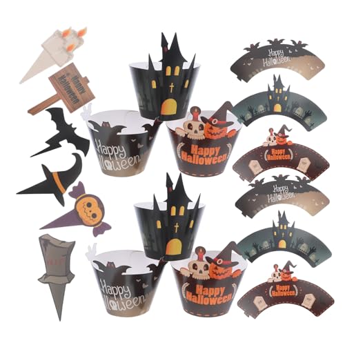 FUTUREORYY 2 Sätze Halloween Cupcake Toppers und Wrappers mit Fledermaus Kürbis und Stabile Papier Muffin Liner Farbenfrohe Kuchen Deko für Party und Festtagsfeiern von FUTUREORYY