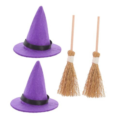 FUTUREORYY 2 Sätze Halloween Deko Teiliges Mini Hexenhüte und Besen aus Natürlichem Stroh Handliche Miniatur Puppenzubehör für Hexenhaus Kreative Bastelidee und Gruselige Halloween Dekoration von FUTUREORYY