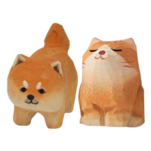FUTUREORYY 2 Stück Holzfigur Teiliges Geschnitzte Katzen und Hundeskulptur Handgefertigte Holzornamente für Wohn und Schreibtischdekoration Niedliches Tiermotiv für Katzenliebhaber von FUTUREORYY