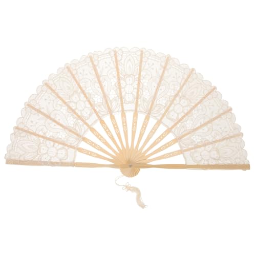 FUTUREORYY Bestickter Bambusfächer Elegant Faltbar Handfächer Handfächer Dekorativer Faltfächer Fächer Handspitze Faltfächer Kleiner Faltfächer Beige Holz von FUTUREORYY