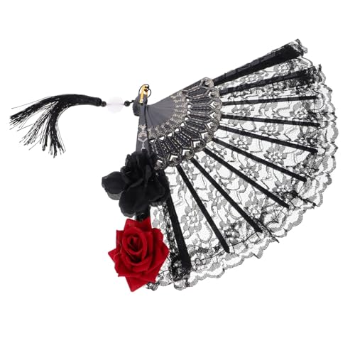 FUTUREORYY Gothic Lolita Spitzen handfächer Vintage Schwarzer Faltfächer mit Rosenquaste für Damen Victorian Stil Halloween Party Zubehör von FUTUREORYY