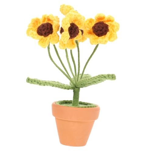 FUTUREORYY Handgefertigte Häkelblume Sonnenblume Miniatur Baumwollgarn Blumentopf Dekoration Künstliche Bonsai Wohnkultur für Zuhause Büro von FUTUREORYY