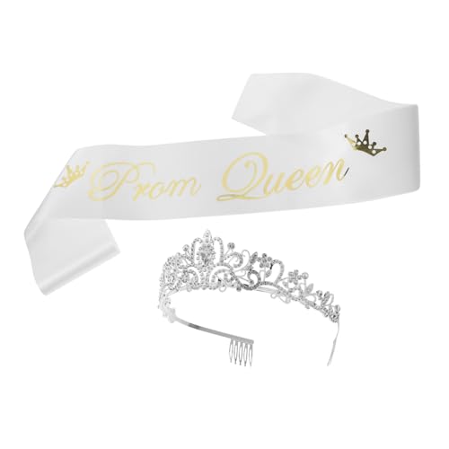 FUTUREORYY Prom Queen Krone Satin Schärpe Set Abschlussfeier Dekorationen Für Damen Für Homecoming Oder Abschlussball Weißes Haarband Und Schulterband von FUTUREORYY