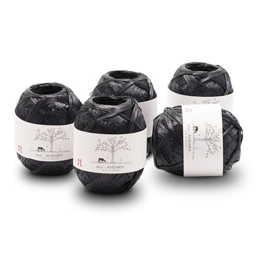 Hamanaka Eco Andaria 5-Ball Set - 100% Rayon Tape Garn zum Häkeln und Stricken, Biologisch Abbaubar, Leicht für Sommerhüte, Taschen und DIY Handwerk (Schwarz) von FUWA FUWA FRIENDS
