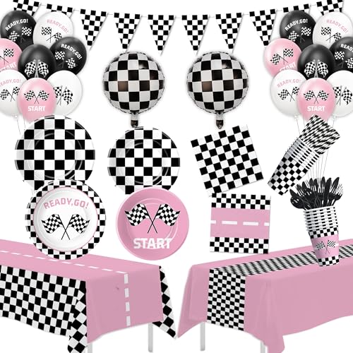 FVABO Rennwagen Geburtstag Party Dekorationen, Rosa Rennwagen Party Supplies für Mädchen Geburtstag Baby Shower Banner Papierteller Serviette Tasse Rennen Thema Tischdecke Besteck Luftballons Serves von FVABO