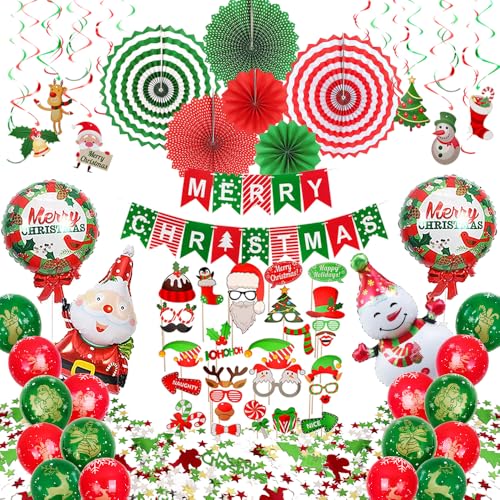 FVABO Weihnachtsfeier-Dekorationen, Frohe Weihnachtsdekorationen, Zubehör umfassen Banner, hängende Wirbel, Papierfächer, Ballon, Foto-Requisiten, Konfetti, für Urlaub, Weihnachten, drinnen und FVABO Weihnachtsfeier-Dekorationen, Frohe Weihnachtsdekorationen, Zubehör umfassen Banner, hängende Wirbel, Papierfächer, Ballon, Foto-Requisiten, Konfetti, für Urlaub, Weihnachten, drinnen und von FVABO