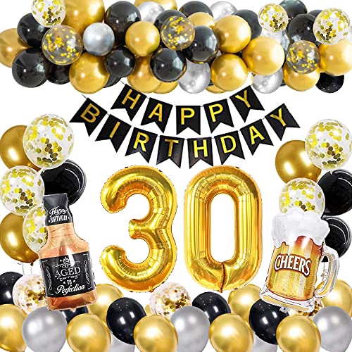 30. Geburtstag Dekoration | FVCENT Luftballon 30. Geburtstag gold Schwarz Mit Geburtstagsdeko Folienballon Zahl Happy Birthday Bierflasche Golden Frauen Männer Luftballons Party Deko (Gold 30th) von FVCENT