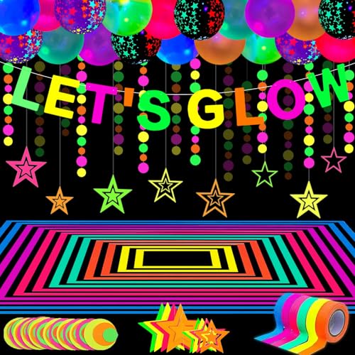 53 Pack Neon Glow Geburtstag Party Supplies UV Sticks Party Set Hochzeit Dekorationen - LET'S GLOW Flagge, Stern und Dreieck Flagge, Light-up Ballons und Klebeband für Neon Thema Dekoration von FVEOCR
