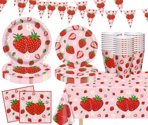 83-teiliges Erdbeer-Themen-Partyzubehör, Erdbeer-Geburtstags-Geschirr-Set, Beere, süße Geburtstagsdekorationen, Obst-Themenpartyzubehör für 1. Babyparty, für 20 Gäste 83-teiliges Erdbeer-Themen-Partyzubehör, Erdbeer-Geburtstags-Geschirr-Set, Beere, süße Geburtstagsdekorationen, Obst-Themenpartyzubehör für 1. Babyparty, für 20 Gäste von FVEOCR