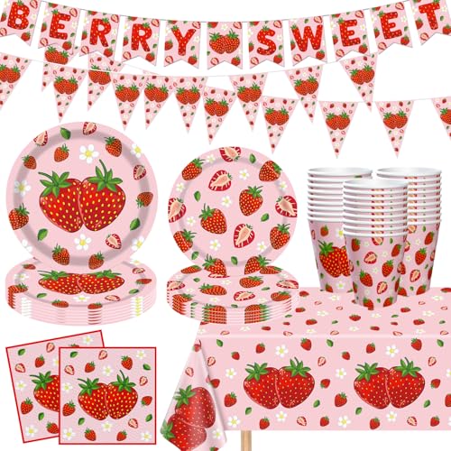 84 PCS Strawberry Partei Lieferung Strawberry Thema Geburtstag Party Geschirr Set Berry Sweet Geburtstag Party Dekorationen Obst Thema Partei Supply für 1. Baby-Dusche serviert 20 Gäste von FVEOCR