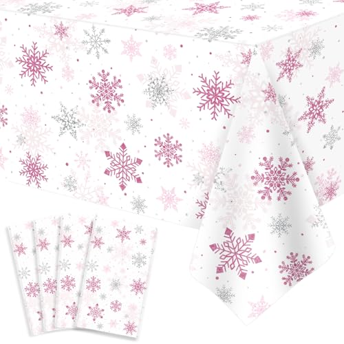 FVEOCR 4Stück Weihnachten Rosa Schneeflocke Tischtuch Schneeflocke Xmas Party Schneeflocke Tischtuch Weihnachten Tischdekorationen Winterurlaub Party Versorgung 130X220 cm von FVEOCR