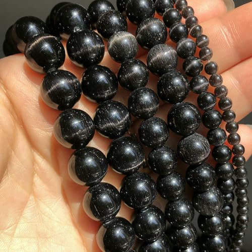 Großhandelsperlen aus rosa, weißen und blauen Katzenaugensteinen, 4, 6, 8, 10, 12 mm, Opal, runde Perlen für die Herstellung von DIY-Schmuck, Armbandzubehör, 15 Zoll, Schwarz, 4,0 mm (ca. 91 Stück) von FVFIJH