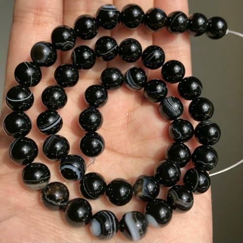 Natursteine, schwarze Achate, Hämatit, Katzenauge, lose Abstandshalter, runde Mineralperlen für die Schmuckherstellung, Handarbeiten, DIY-Armbänder, 15 Zoll, gestreifter Achat, 6 mm, 61 Perl von FVFIJH