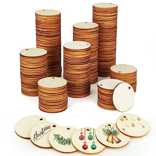 FVIEXE 300 Stück unlackierte Holzkreise zum Basteln, 3,8 cm runde Holzscheiben mit Löchern, Holzscheiben Ornament Rohlinge Holzausschnitte Holzanhänger für Schild DIY Geschenkanhänger Weihnachten von FVIEXE
