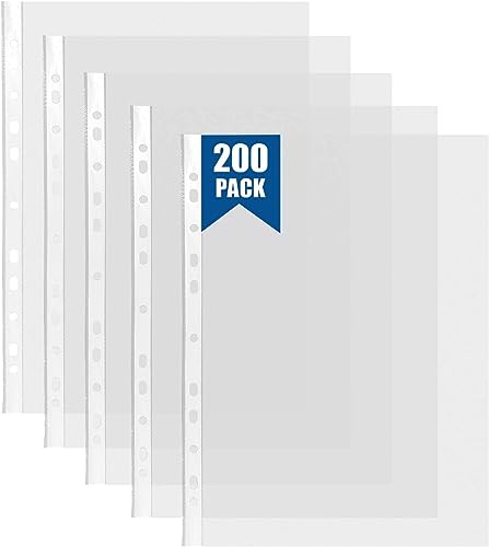 FWEEK 200 Stück Klarsichtfolien, A4 Transparent Polypropylen Prospekthüllen mit 11 Lochung, A4 Prospekthülle für Dokumente, Fotos, Post-Karten von FWEEK