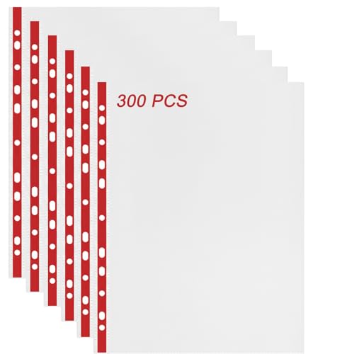 Klarsichthüllen, A4, 60 Mikron, starke Kunststoffhüllen, Öffnung oben für Ringbücher, roter Rand, 300 Stück Klarsichthüllen, A4, 60 Mikron, starke Kunststoffhüllen, Öffnung oben für Ringbücher, roter Rand, 300 Stück von FWEEK