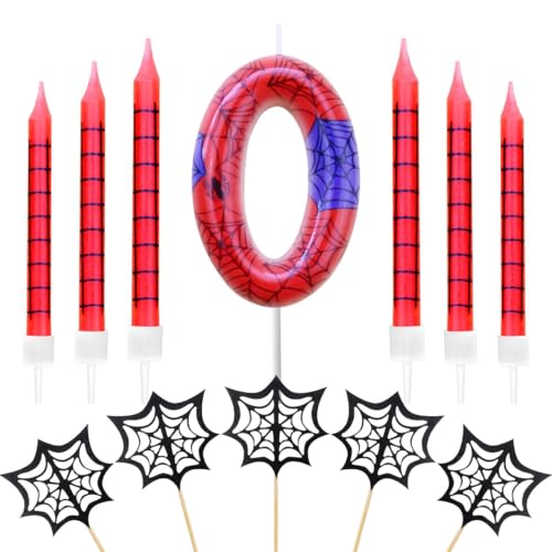 Geburtstagskerzen Zahlen 0,Spinne Geburtstagskerzen,mit 6 Stück Lange Geburtstagskerze und 5 Stück Spinnennetz Cake Topper,Dinosaurier Thema Party Kerzen für Jungen Mädchen (Spider, 0) von FWHFNB