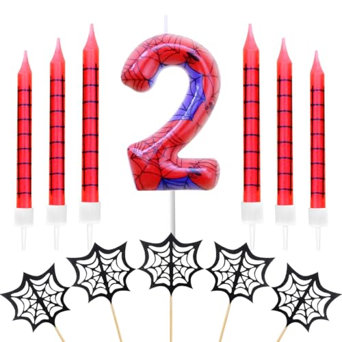 Geburtstagskerzen Zahlen 2,Spinne Geburtstagskerzen,mit 6 Stück Lange Geburtstagskerze und 5 Stück Spinnennetz Cake Topper,Dinosaurier Thema Party Kerzen für Jungen Mädchen (Spider, 2) von FWHFNB