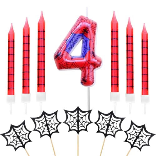 Geburtstagskerzen Zahlen 4,Spinne Geburtstagskerzen,mit 6 Stück Lange Geburtstagskerze und 5 Stück Spinnennetz Cake Topper,Dinosaurier Thema Party Kerzen für Jungen Mädchen (Spider, 4) von FWHFNB