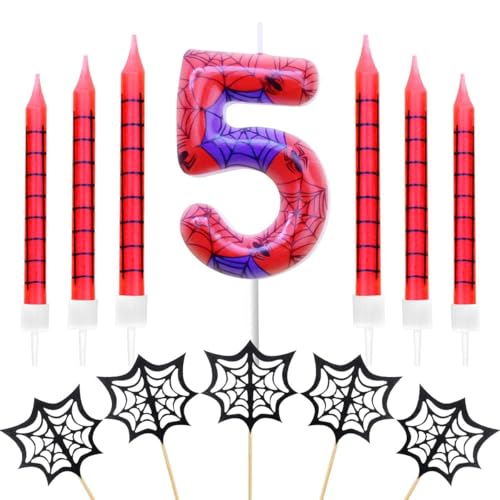 Geburtstagskerzen Zahlen 5,Spinne Geburtstagskerzen,mit 6 Stück Lange Geburtstagskerze und 5 Stück Spinnennetz Cake Topper,Dinosaurier Thema Party Kerzen für Jungen Mädchen (Spider, 5) von FWHFNB