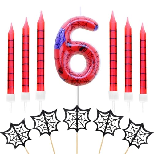 Geburtstagskerzen Zahlen 6,Spinne Geburtstagskerzen,mit 6 Stück Lange Geburtstagskerze und 5 Stück Spinnennetz Cake Topper,Dinosaurier Thema Party Kerzen für Jungen Mädchen (Spider, 6) von FWHFNB