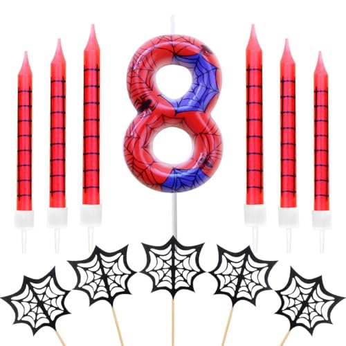 Geburtstagskerzen Zahlen 8,Spinne Geburtstagskerzen,mit 6 Stück Lange Geburtstagskerze und 5 Stück Spinnennetz Cake Topper,Dinosaurier Thema Party Kerzen für Jungen Mädchen (Spider, 8) von FWHFNB