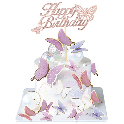 26 Stück Schmetterlinge Tortendeko, FWLWTWSS Geburtstagsdeko Mädchen Happy Birthday Deko Dekoration für Cupcake Kuchen Dessert, für Geburtstag Party von FWLWTWSS