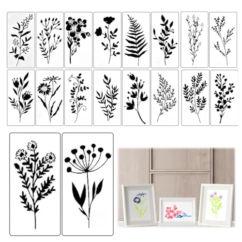 18 Stück Blumen Schablone, Wiederverwendbar Wildblumen Schablonen zum Malen, 15 * 7,5 cm Malschablonen DIY Vorlagen Malerei Schablonen Set für Scrapbooking Holz Boden Wand Fliesen von FWORUAIS