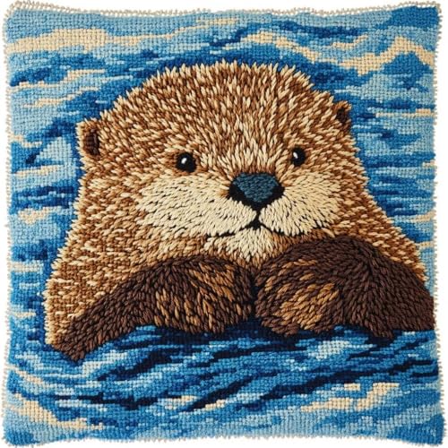 KnüpfKissen Set Erwachsene Kinder mit vordruck Sea Otter Braun Blau knüpfteppich zum selber knüpfen Kissenbezug Anfänger DIY Handarbeit Stickerei Sets Handgemachtes Handwerk Sofa Wohnkultur 43x43cm, 1 von FWRTYCB