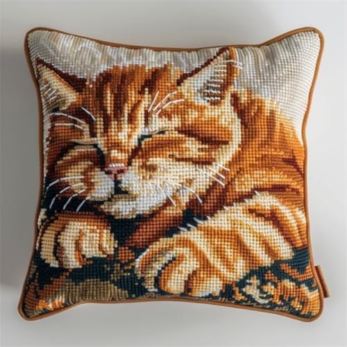 KnüpfKissen Set Erwachsene Kinder mit vordruck Sleep Katzen Orange Weiß knüpfteppich zum selber knüpfen Kissenbezug Anfänger DIY Handarbeit Stickerei Sets Handgemachtes Handwerk Sofa Wohnkultur 43x43c von FWRTYCB