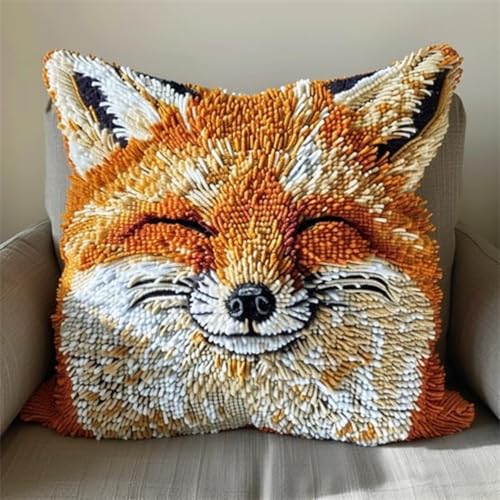 KnüpfKissen Set Erwachsene Kinder mit vordruck Smile Fuchs süßes Tier knüpfteppich zum selber knüpfen Kissenbezug Anfänger DIY Handarbeit Stickerei Sets Handgemachtes Handwerk Sofa Wohnkultur 43x43cm, von FWRTYCB