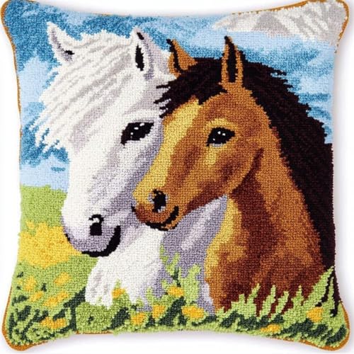 KnüpfKissen Set Erwachsene Kinder mit vordruck Weißes Pferd und Fohlen Braune Junge knüpfteppich zum selber knüpfen Kissenbezug Anfänger DIY Handarbeit Stickerei Sets Handgemachtes Handwerk Sofa Wohnk von FWRTYCB
