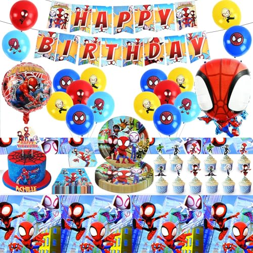 84pcs Superhelden Geburtstagsdeko Set Spider Partygeschirr Set Halloween Party Supplies mit Pappteller, Luftballons, Happy Birthday Banner, Cake Topper Tischdecke für Kinder Themen Partys von FXFOOT