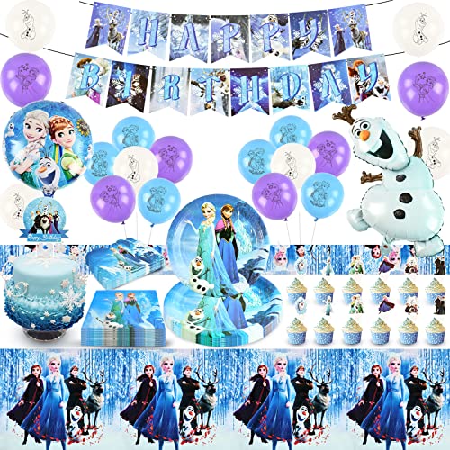 Frozen Geburtstagsdeko Set, Geburtstagsballon Set, 87Pcs Partygeschirr Set mit Frozen Luftballons, Happy Birthday Banner, Teller, Servietten, Tischdecke, Cake Topper, Einladungskarten von FXFOOT