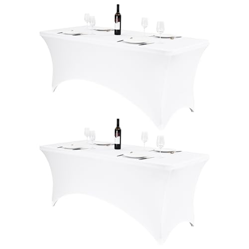 2-Pack 1,8 m weiße Spandex montierte Tischdecke, Stretch rechteckige Tischdecke für 6-Fuß-Tische, Waschbare eng anliegende Spandex Tischdecke für Hochzeitsfeier Messe Bankette Events von FXKS
