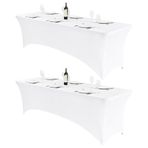 2-Pack 2,4 m weiße Spandex montierte Tischdecke, Stretch rechteckige Tischdecke für 8-Fuß-Tische, Waschbare eng anliegende Spandex Tischdecke für Hochzeitsfeier Messe Bankette Events von FXKS