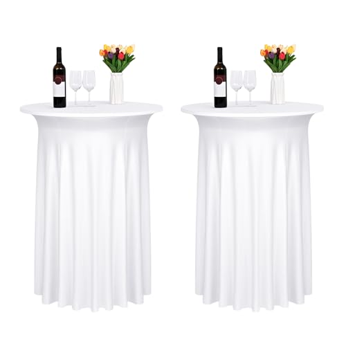 2-Pack Weiß Spandex Cocktail Tischdecke mit Rock,elastische Spannbetttischdecke passend für High Top Round Table,Wellenförmige Cocktail Tischdecke Geeignet für Hochzeit Bankett (32"x43") von FXKS