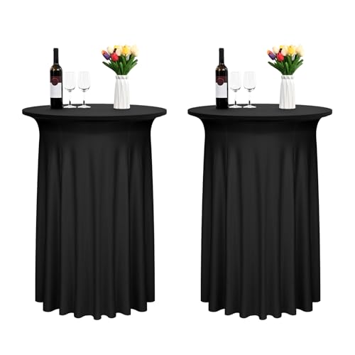 2 Pack schwarz Spandex Cocktail Tischdecke mit Rock,elastische Spannbetttischdecke passend für High Top Round Table,Wellenförmige Cocktail Tischdecke Geeignet für Hochzeit Bankett (32"x43") von FXKS