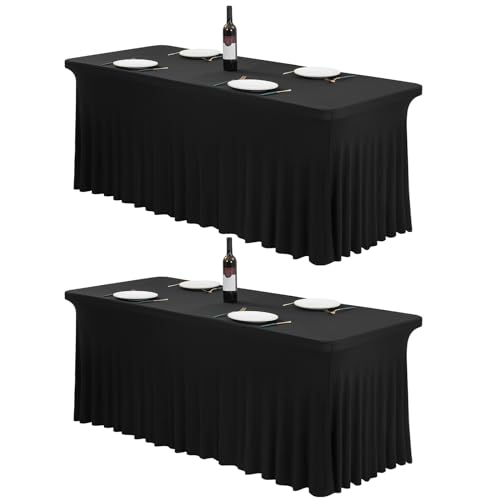 2 Stück Spandex Tischröcke,183 x 76cm Schwarz Stretch Tischdecke mit Rock Waschbare Tischrock für 6Ft Rechteck Tische, Einziehbare Tischabdeckung für Hochzeiten Bankette Messen von FXKS