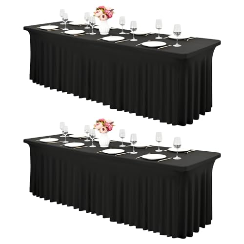 2 Stück Spandex Tischröcke,244 x 76cm Schwarz Stretch Tischdecke mit Rock Waschbare Tischrock für 8Ft Rechteck Tische, Einziehbare Tischabdeckung für Hochzeiten Bankette Messen von FXKS