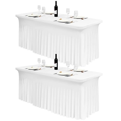 2 Stück Spandex Tischröcke,183 x 76cm Weiß Stretch Tischdecke mit Rock Waschbare Tischrock für 6Ft Rechteck Tische, Einziehbare Tischabdeckung für Hochzeiten Bankette Messen von FXKS