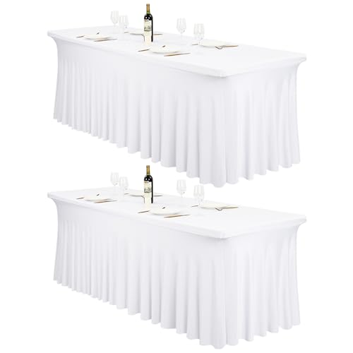 2 Stück Spandex Tischröcke,244 x 76cm Weiß Stretch Tischdecke mit Rock Waschbare Tischrock für 8Ft Rechteck Tische, Einziehbare Tischabdeckung für Hochzeiten Bankette Messen von FXKS