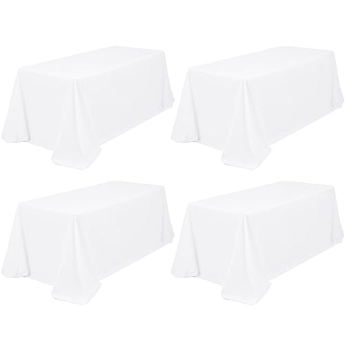 4 Stück weiß Polyester Tischdecke 229 x 396 cm Rechteck Tischdecke für 8-Fuß Rechteck Tische, Fleck und Falten Beständige Waschbare Polyester Tischdecke für Hochzeit Parteien Bankett Küche von FXKS