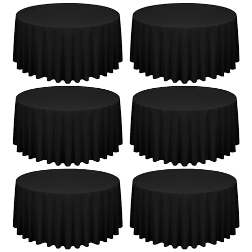 6 Stück 120 Zoll/300cm Runde Tischdecke Schwarze Polyester Tischdecke, Waschbare Stoff Fleck und Falten Beständige Tischdecke Runde Tischdecke Tischwäsche für Hochzeit Party Bankett Buffet von FXKS