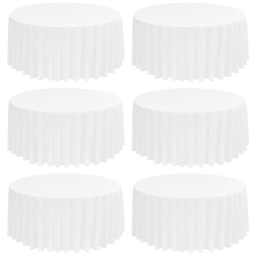 6 Stück 108 Zoll/275cm Runde Tischdecke Weiß Polyester Tischdecke, Waschbare Stoff Fleck und Falten Beständige Tischdecke Runde Tischdecke Tischwäsche für Hochzeit Party Bankett Buffet von FXKS