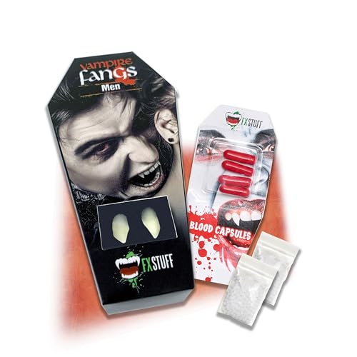 FXSTUFF Männer Halloween Vampir Zähne + Kunstblut Kapseln + Abformmasse (wiederverwendbar), Vampirzähne passend zum Horror Kostüm Assecoires, gruselig für Twilight, Zombie, Monster, Teufel von FXSTUFF