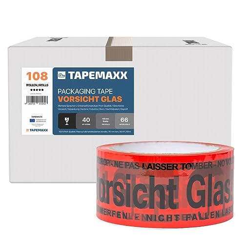 FYBR TAPEMAXX Vorsicht Glas 108 Rollen rotes Klebeband Achtung Bruchgefahr Caution Glass Fragile Paketband Zerbrechlich Warnung Packband Schwarz Piktogramm Paket (108 Rollen) von FYBR