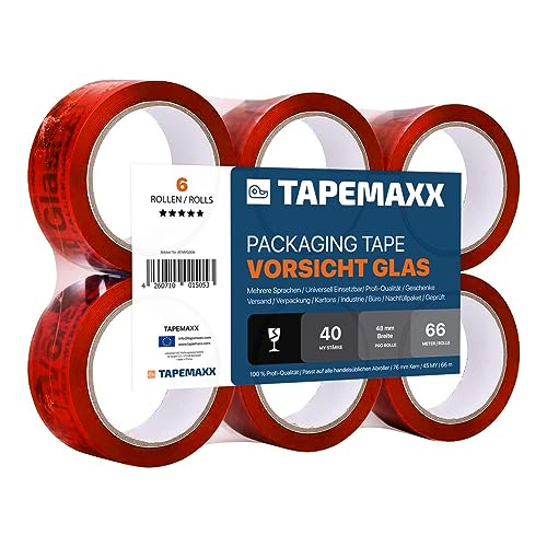 FYBR TAPEMAXX Vorsicht Glas 6 Rollen rotes Klebeband Achtung Bruchgefahr Caution Glass Fragile Paketband Zerbrechlich Warnung Packband Schwarz Piktogramm Paket (6 Rollen) von FYBR